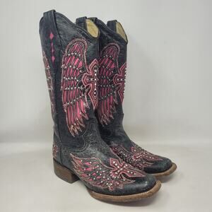 Corral Boots 7.5M Black Pink Leather Western Angel Wings Cross Cowgirl A1143